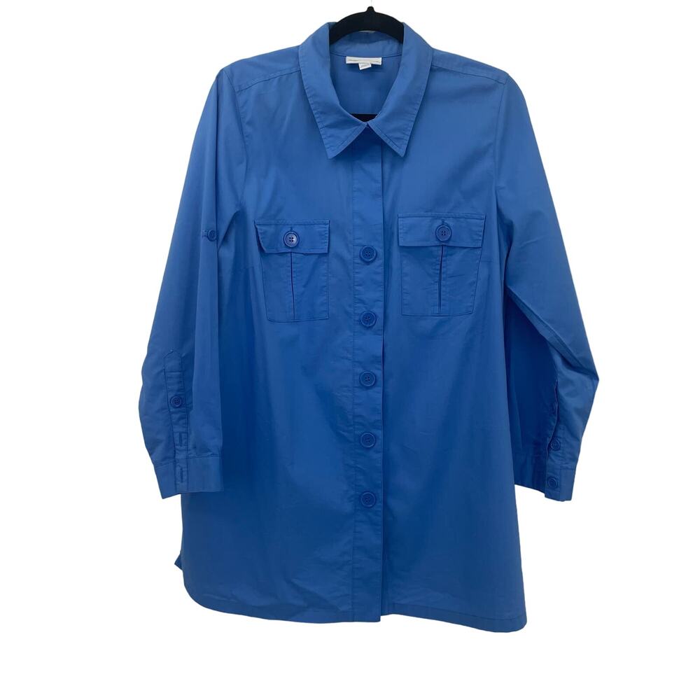 Vtg Fashion Bug Tunic top blue 0X Plus Button down‎ Roll Tab Sleeve Flap Pocket